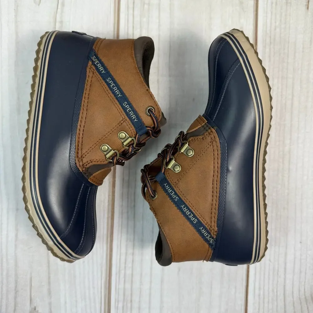 Kids Sperry Bowline Duck Boots Navy Tan Waterproof Lace Up Size 4 Youth
